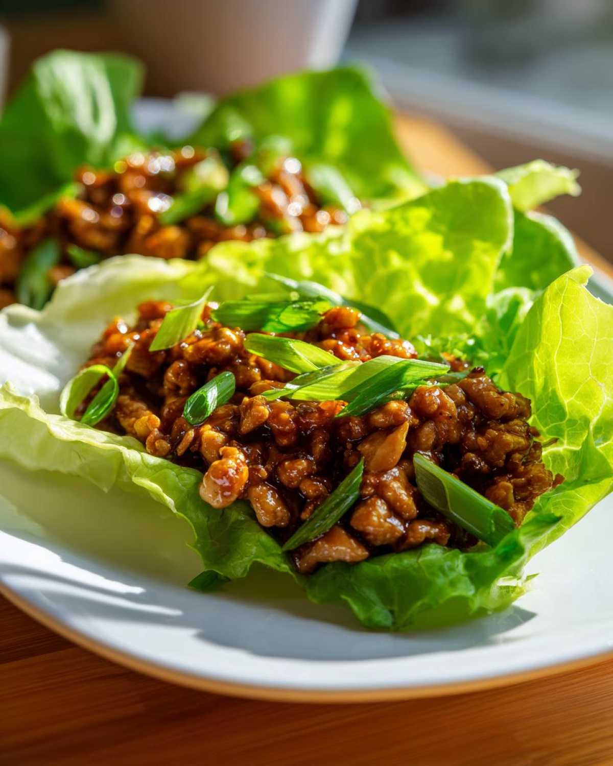 Two servings of savory chicken lettuce wraps filled with ground chicken mixture and topped with green onions.