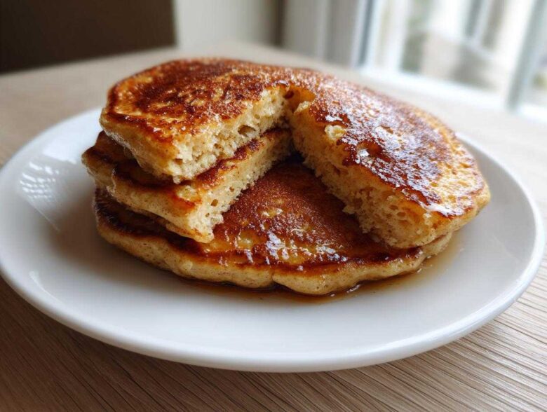 A stack of three golden-brown banana pancakes drizzled with syrup, one cut open to show the fluffy interior.