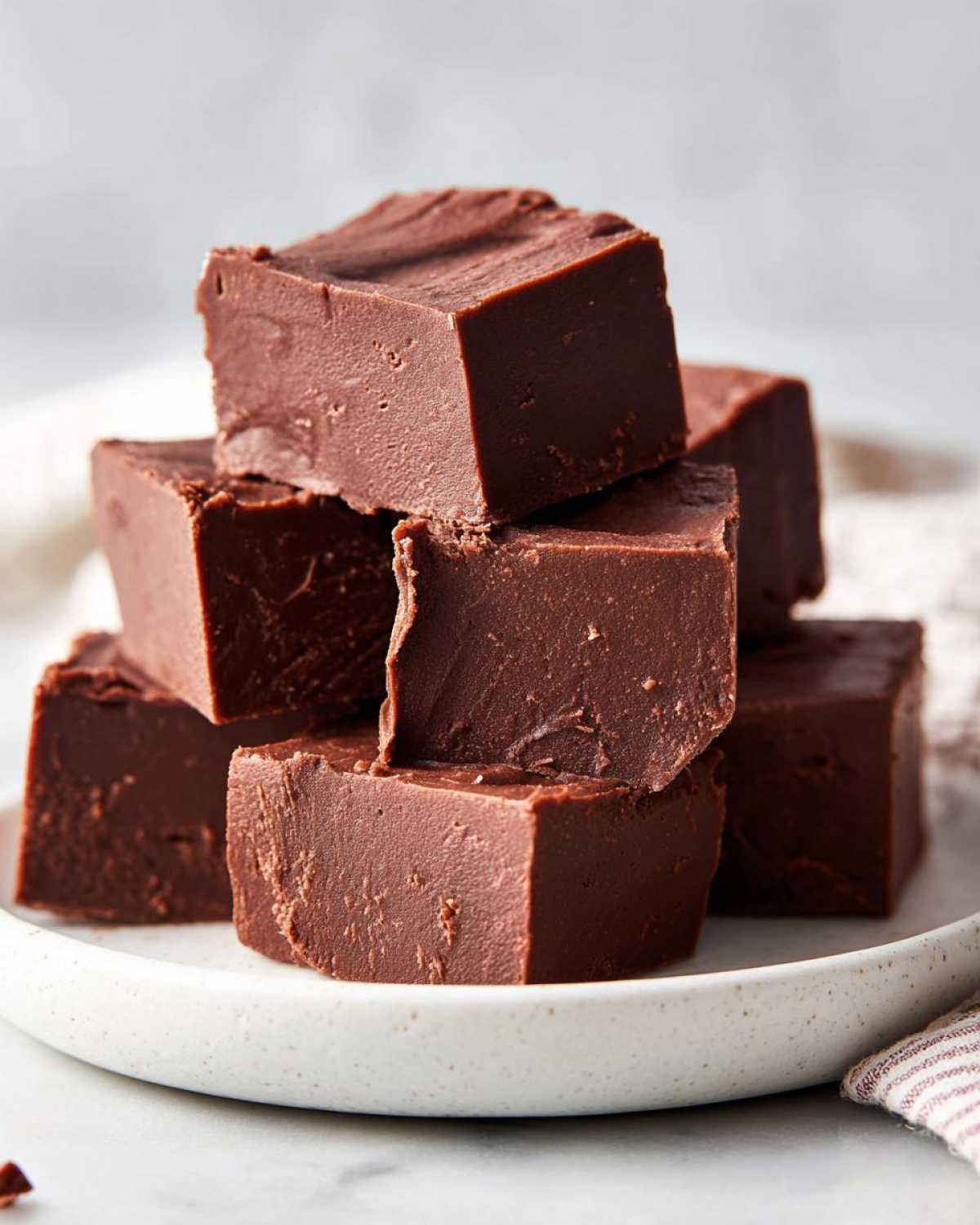 A stack of thick, rich, dark chocolate fudge squares piled high on a speckled white plate.