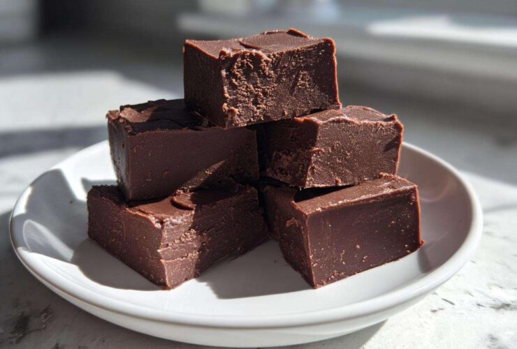 A stack of five rich, dark chocolate fudge squares resting on a small white plate.