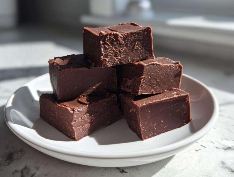 A stack of five rich, dark chocolate fudge squares resting on a small white plate.