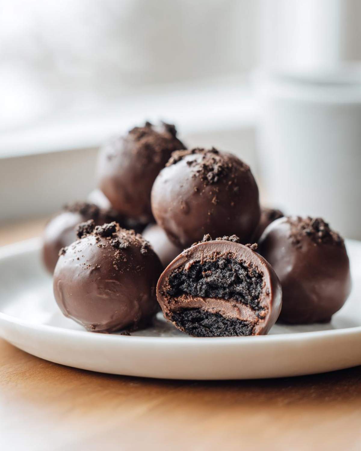 A pile of chocolate-coated Oreo balls, one cut in half showing the dark cookie center and creamy filling.