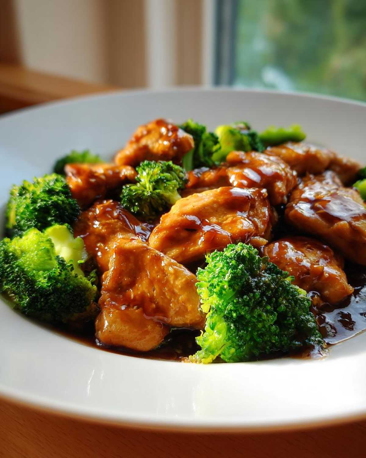 Close-up of glossy, saucy chicken and bright green broccoli florets on a white plate.