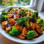 Close-up of glossy, saucy chicken and broccoli stir-fry served on a white plate.