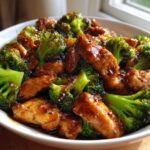 Close-up of a white bowl filled with glossy chicken and broccoli coated in a rich brown sauce.