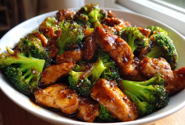 Close-up of a white bowl filled with glossy chicken and broccoli coated in a rich brown sauce.
