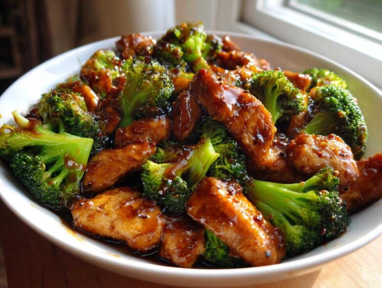 Close-up of a white bowl filled with glossy chicken and broccoli coated in a rich brown sauce.