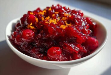 Close-up of vibrant, glistening homemade cranberry sauce topped with bright orange zest in a white bowl.