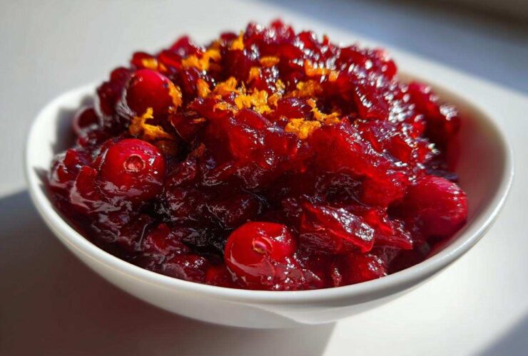 Close-up of vibrant, glistening homemade cranberry sauce topped with bright orange zest in a white bowl.