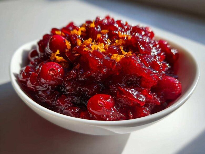 Close-up of vibrant, glistening homemade cranberry sauce topped with bright orange zest in a white bowl.