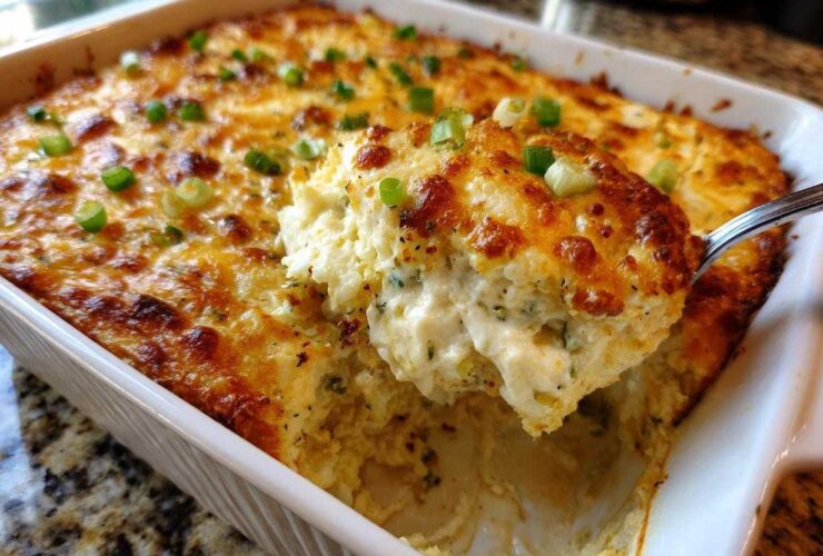 A spoonful of creamy, baked popper dip being lifted from a white casserole dish, showing a golden-brown cheesy top and green onions.