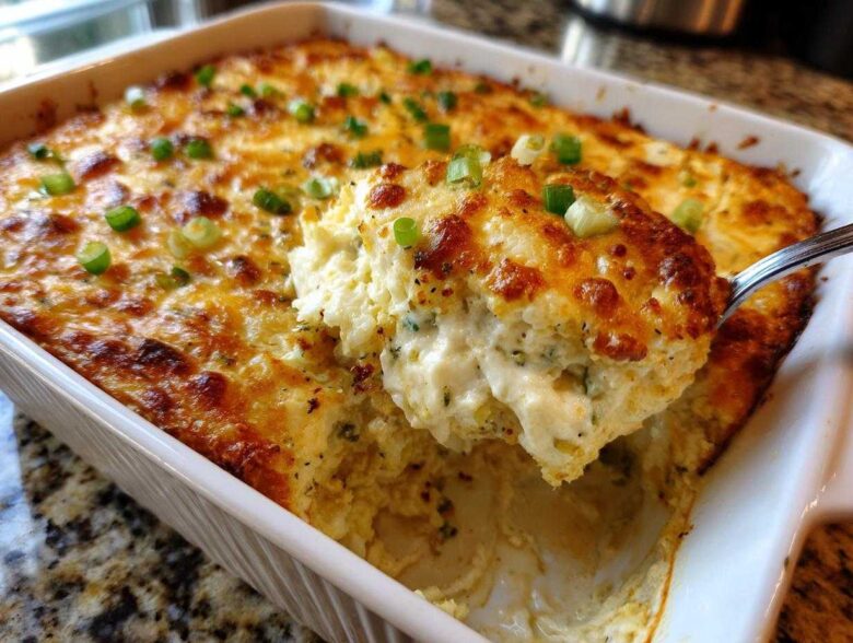 A spoonful of creamy, baked popper dip being lifted from a white casserole dish, showing a golden-brown cheesy top and green onions.
