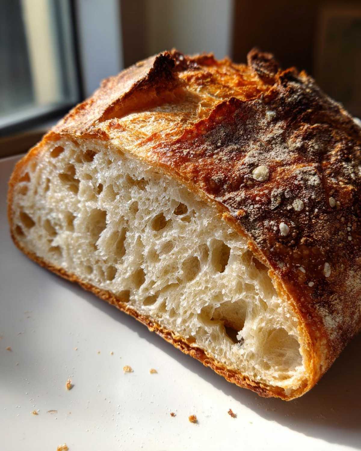 Close-up of a freshly baked loaf of bread cut in half, showing an open, airy crumb structure.
