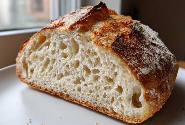 Close-up of the open crumb structure of a freshly baked loaf of bread with a golden crust.