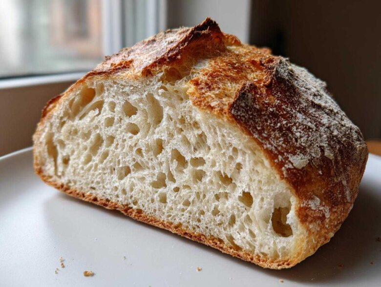 Close-up of the open crumb structure of a freshly baked loaf of bread with a golden crust.