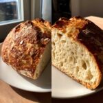 Split image showing the golden crust and open crumb structure of the amazing 12 hour bread.