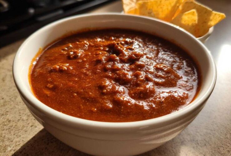 A close-up of thick, rich, reddish-brown chili cheese dip served in a white bowl with tortilla chips visible in the background.