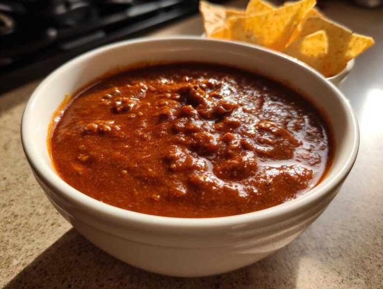 A close-up of thick, rich, reddish-brown chili cheese dip served in a white bowl with tortilla chips visible in the background.