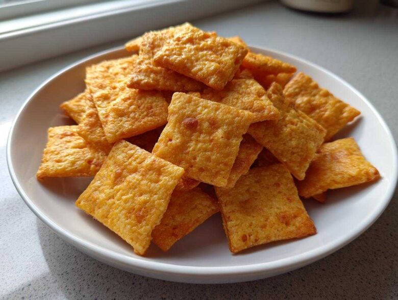 A white bowl filled with crispy, square, orange homemade cheese crackers, ready for snacking.