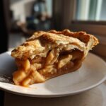 A close-up of a thick slice of amazing apple pie showing the gooey filling and flaky crust, served on a white plate.