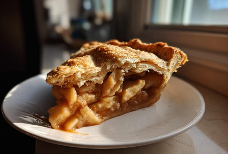A close-up of a thick slice of amazing apple pie showing the gooey filling and flaky crust, served on a white plate.