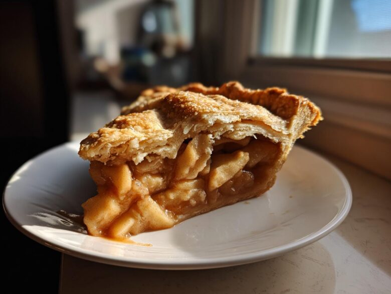A close-up of a thick slice of amazing apple pie showing the gooey filling and flaky crust, served on a white plate.