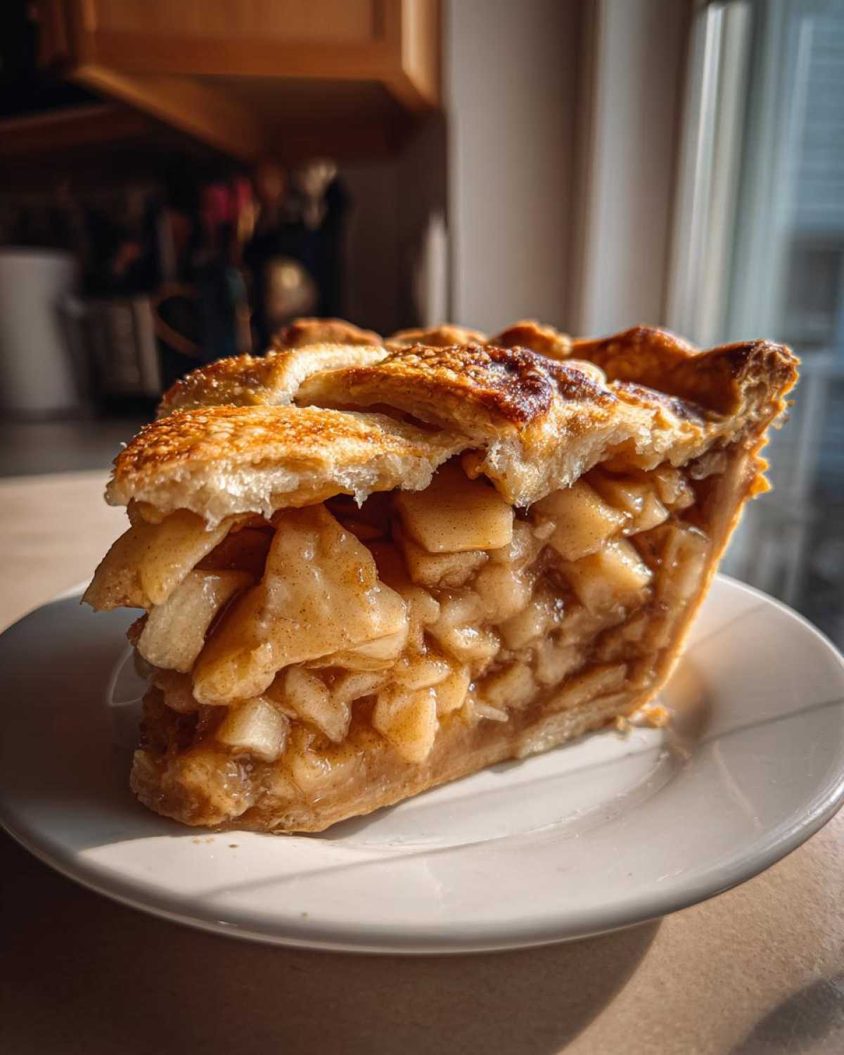 Close-up of a thick slice of amazing apple pie showing chunky cinnamon-spiced filling and a golden, sugared crust.