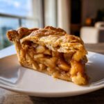 A close-up of a thick slice of amazing apple pie showing flaky crust and rich, spiced apple filling.