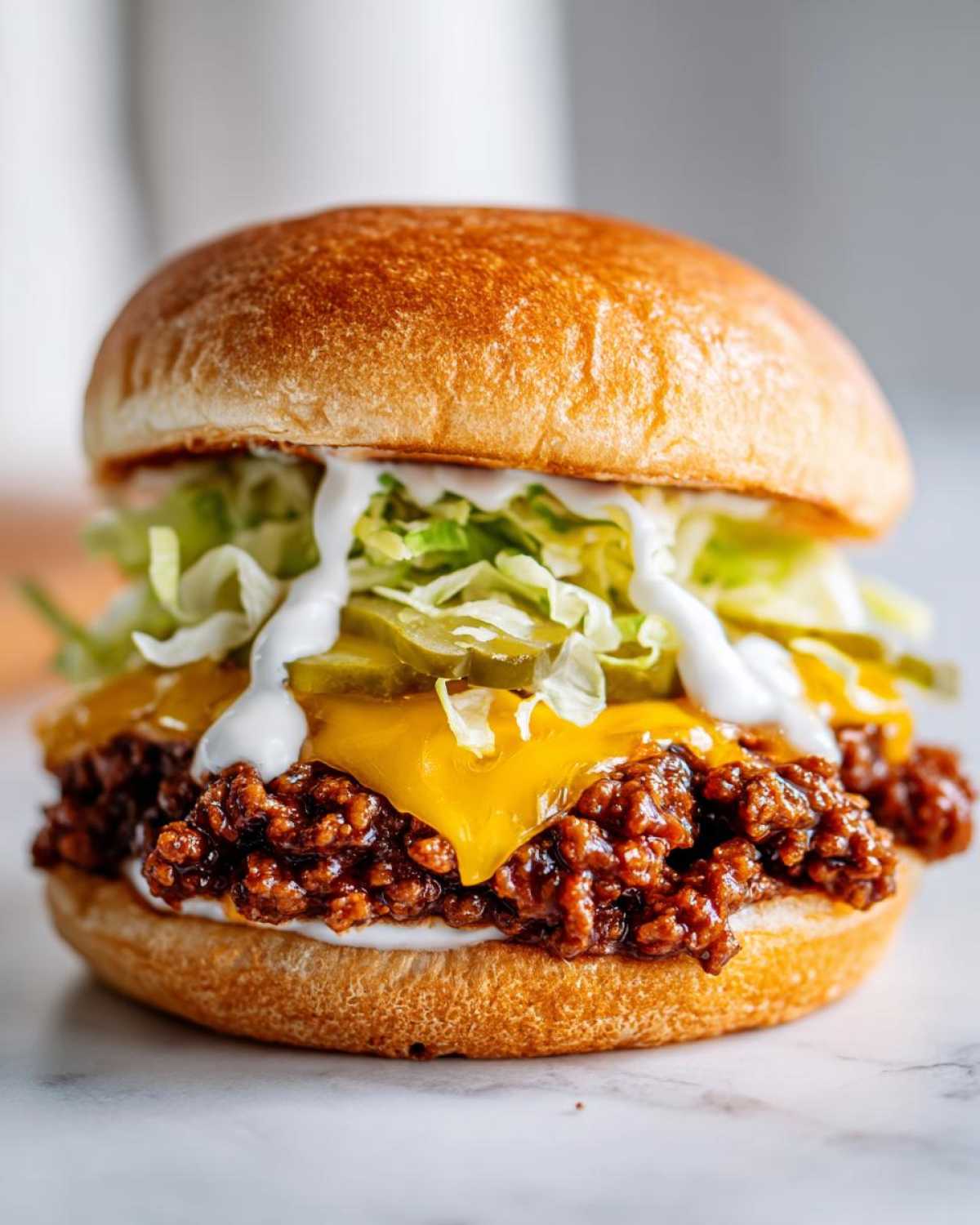 Close-up of a delicious big mac sloppy joes sandwich featuring saucy meat, melted cheese, pickles, lettuce, and white sauce on a toasted bun.
