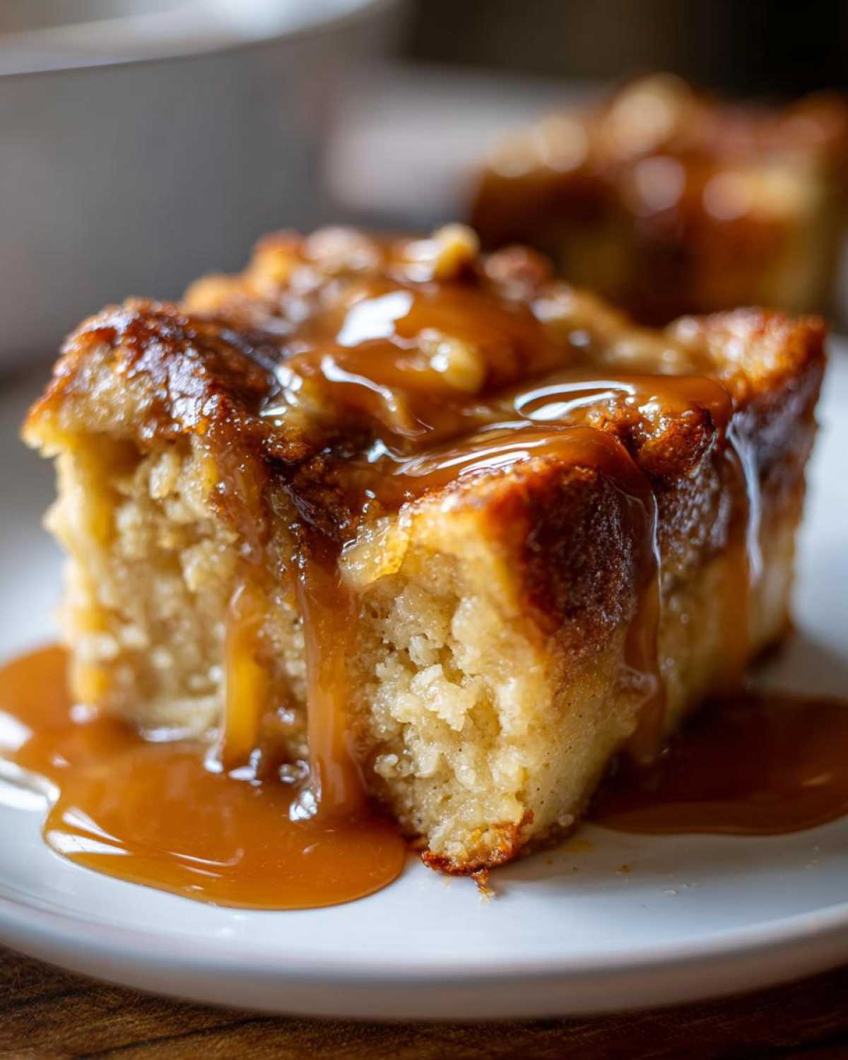 Close-up of a square slice of bread pudding with bourbon sauce generously drizzled over the top.