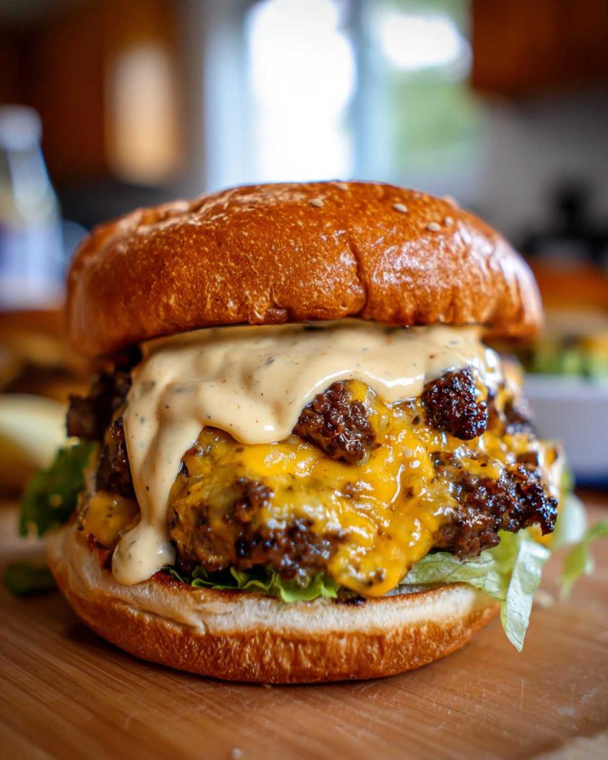 Close-up of a juicy smash burger generously topped with melted cheese and dripping amazing burger sauce.