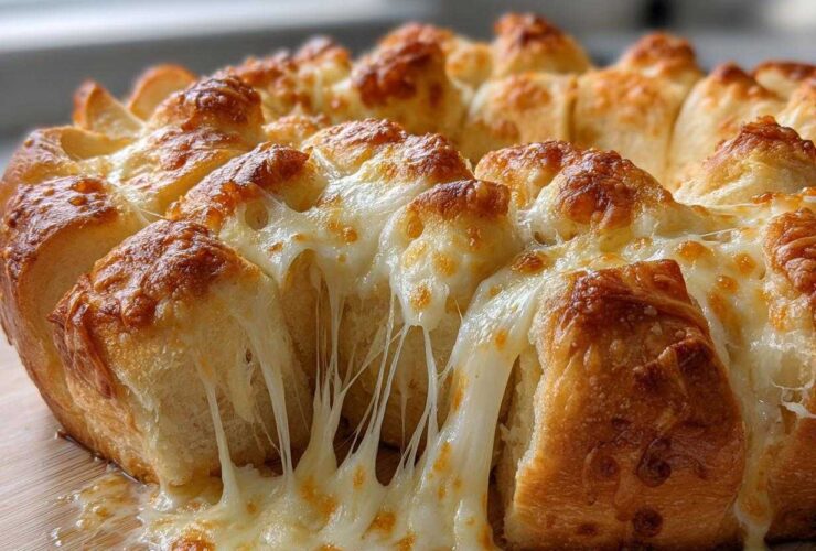 Close-up of freshly baked cheese bread with extreme cheese pull, featuring golden crust and gooey melted cheese.