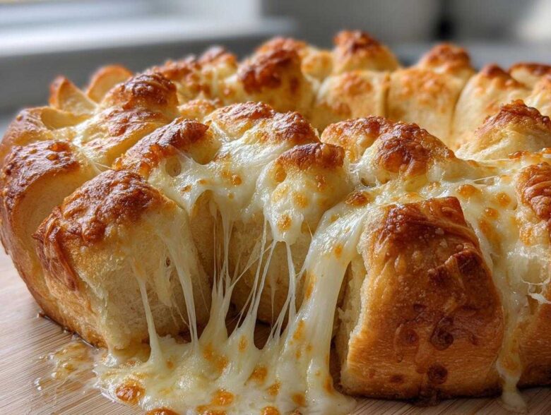 Close-up of freshly baked cheese bread with extreme cheese pull, featuring golden crust and gooey melted cheese.