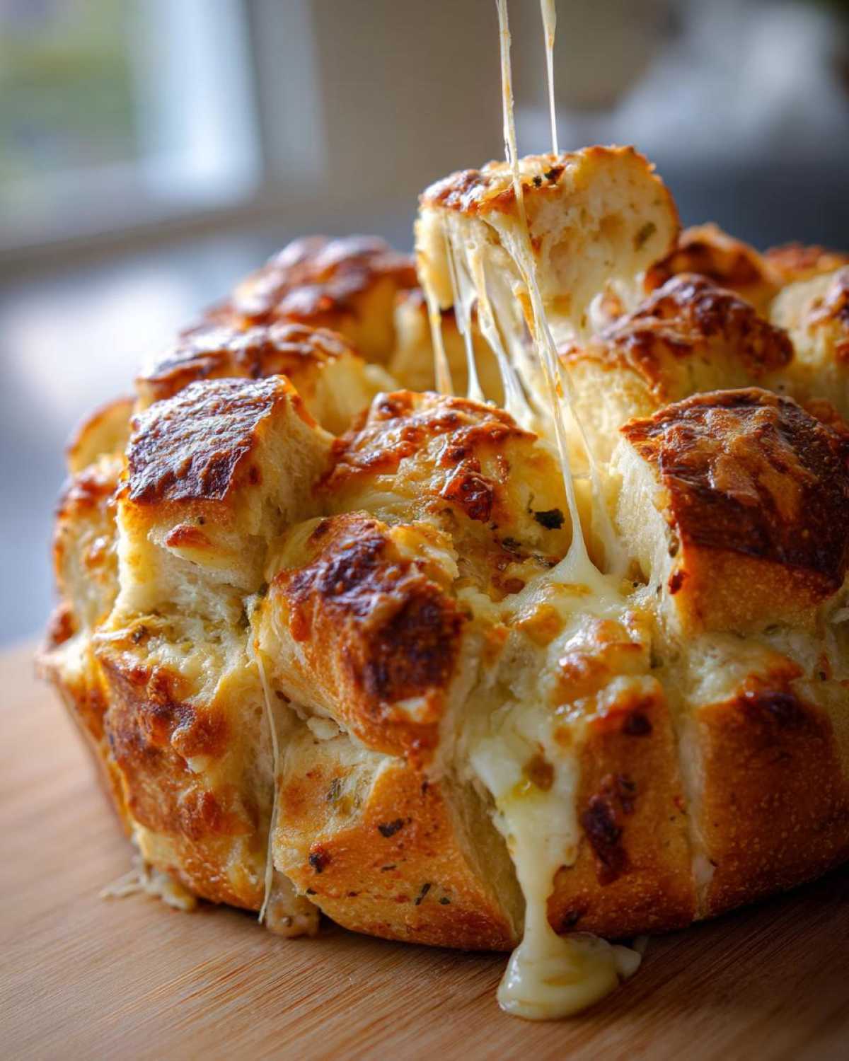 A close-up of baked cheese bread being pulled apart, showing long, stretchy strings of melted cheese.