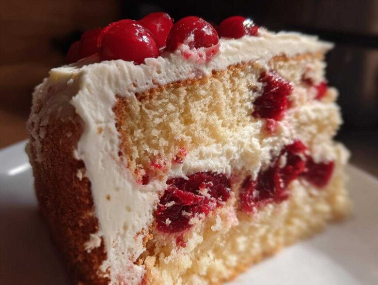 Close-up of a moist slice of cherry cake with white frosting and whole cherries on top.