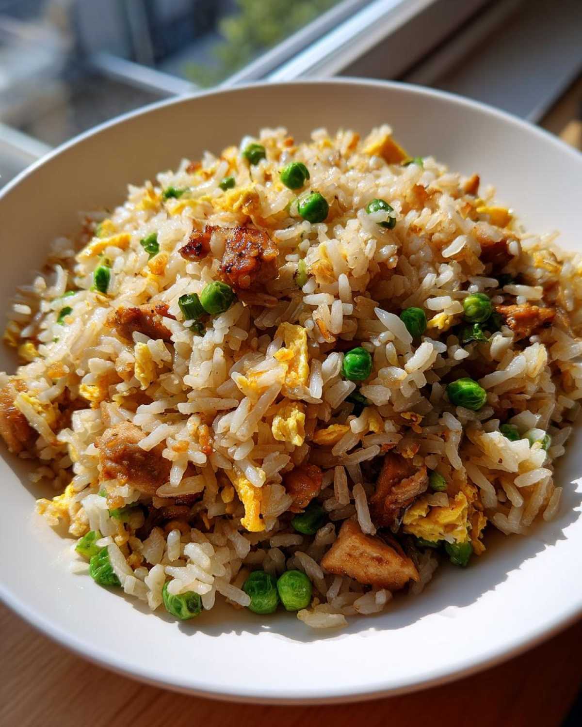 Close-up of a white bowl filled with fluffy chicken fried rice, featuring scrambled egg and bright green peas.
