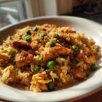 A close-up shot of a white bowl filled with savory chicken fried rice, featuring pieces of chicken and bright green peas.