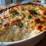A baked dish of hot crab dip showing creamy crab meat under a layer of bubbly, browned cheese, garnished with parsley.