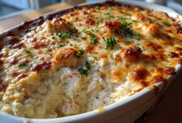 A baked dish of hot crab dip showing creamy crab meat under a layer of bubbly, browned cheese, garnished with parsley.