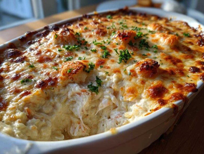 A baked dish of hot crab dip showing creamy crab meat under a layer of bubbly, browned cheese, garnished with parsley.