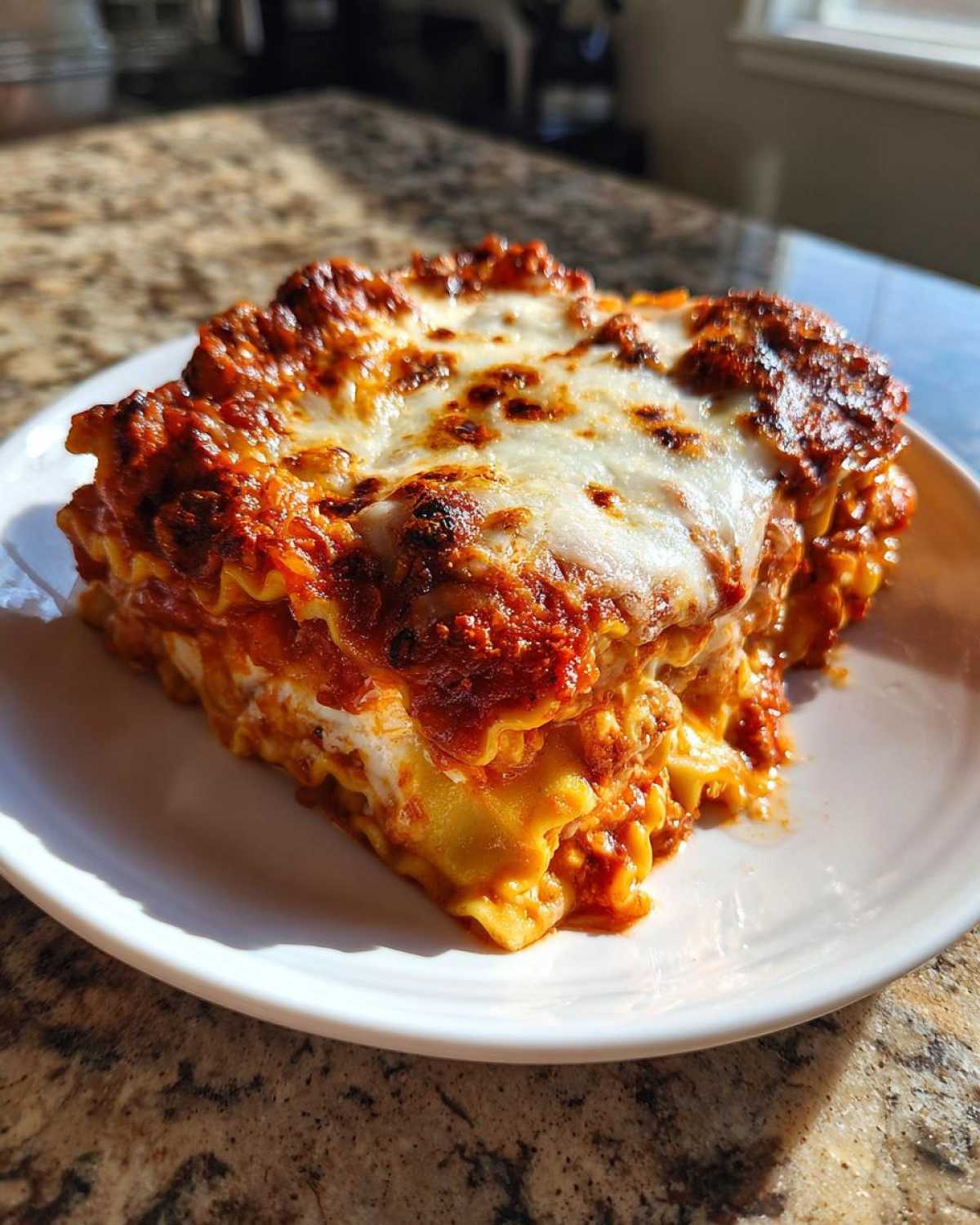 A thick, cheesy slice of amazing lazy lasagna with bubbly, browned mozzarella topping.