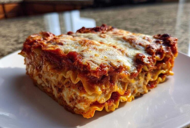 A thick, cheesy slice of amazing lazy lasagna showing layers of pasta, sauce, and ricotta filling.