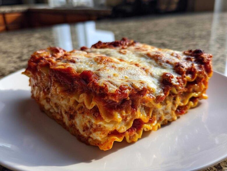 A thick, cheesy slice of amazing lazy lasagna showing layers of pasta, sauce, and ricotta filling.