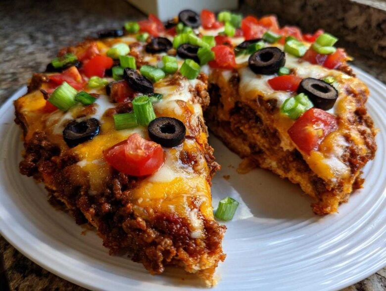 A thick slice of amazing mexican pizza topped with melted cheese, ground beef, black olives, tomatoes, and green onions.