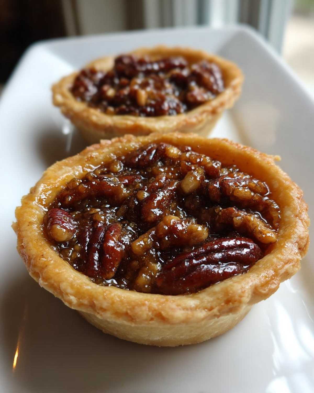 Close-up of two freshly baked mini pecan pies with gooey filling and whole pecans on a white plate.
