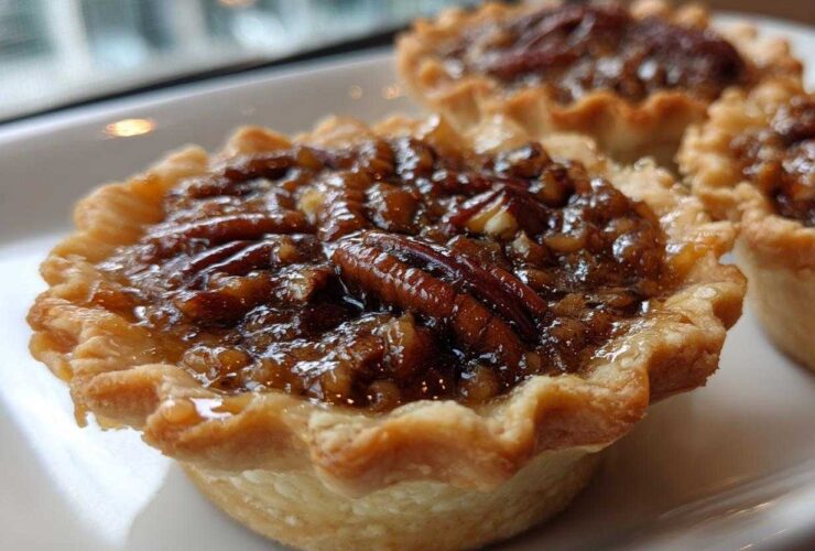 Close-up of a freshly baked mini pecan pie with a gooey, glossy filling and whole pecans on top.