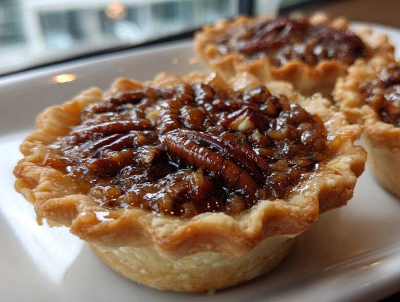 Close-up of a freshly baked mini pecan pie with a gooey, glossy filling and whole pecans on top.
