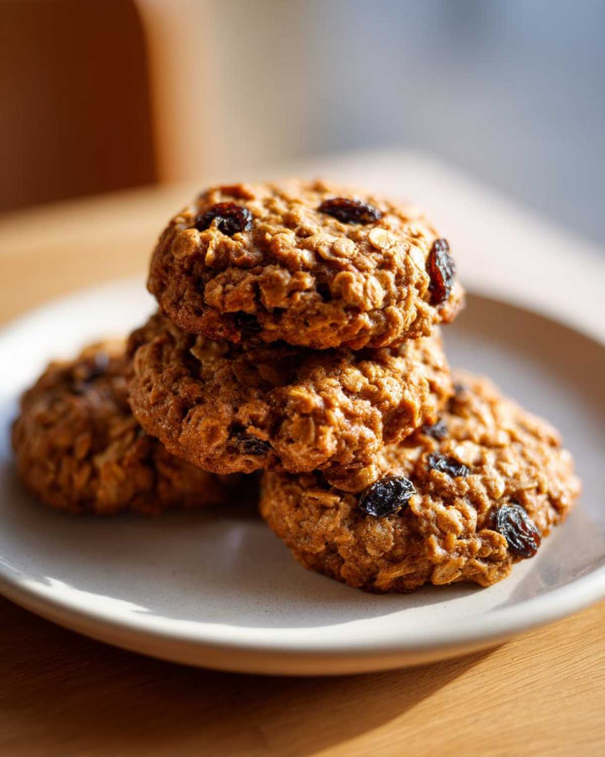 A close-up stack of four chewy oatmeal raisin cookies resting on a light-colored plate.