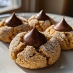 Close-up of four classic peanut butter blossoms cookies, rolled in sugar and topped with a chocolate kiss.