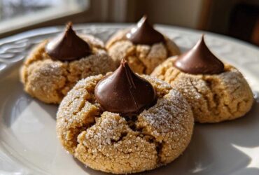 Close-up of four classic peanut butter blossoms cookies, rolled in sugar and topped with a chocolate kiss.
